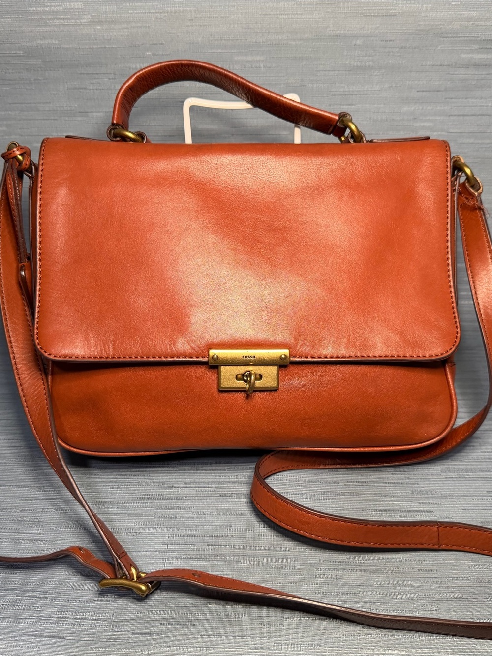 Fossil Memoir Cognac Leather Crossbody Flap Bag - Fair Condition Frayed Stitch